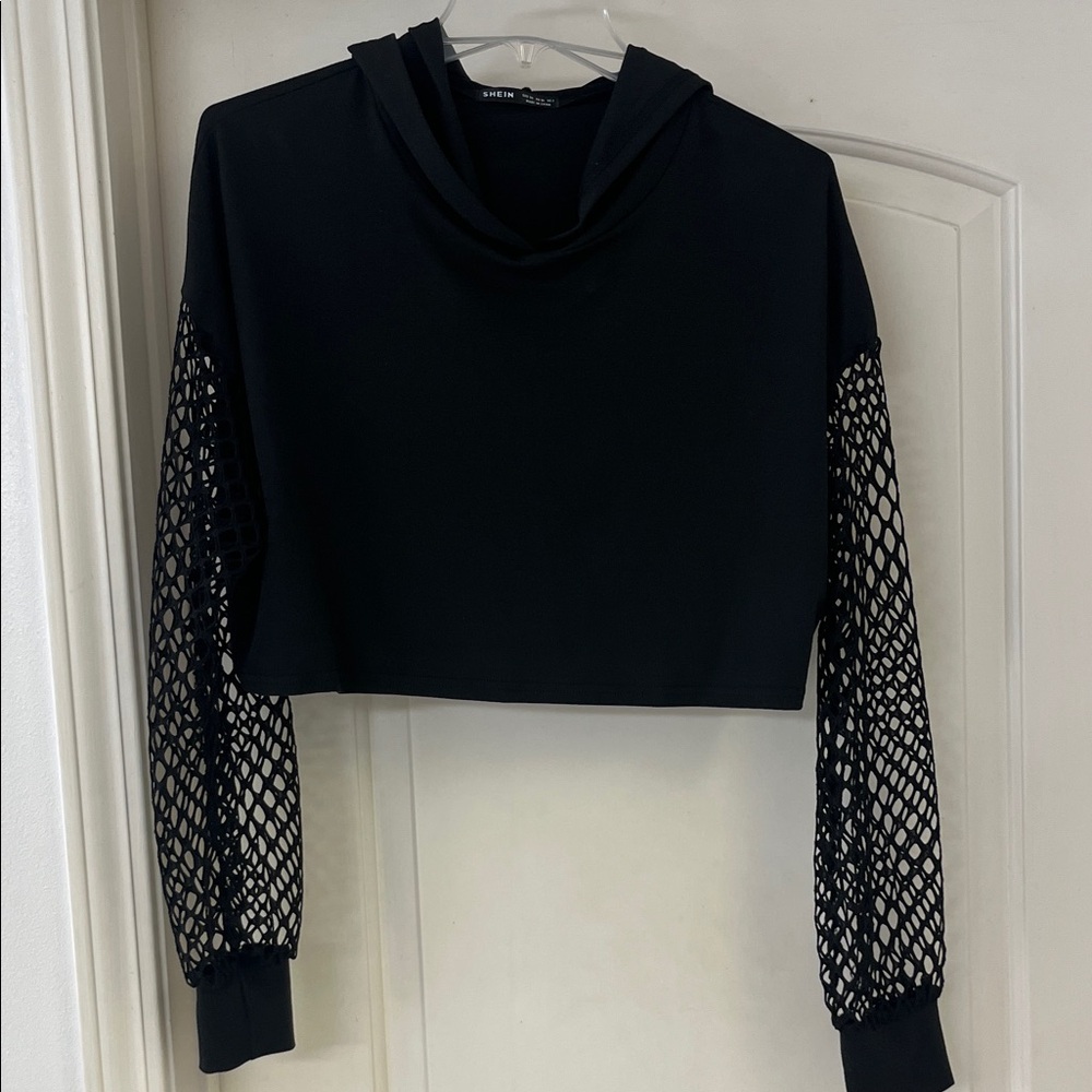 SHEIN Black Cropped Hoodie with Mesh Sleeves